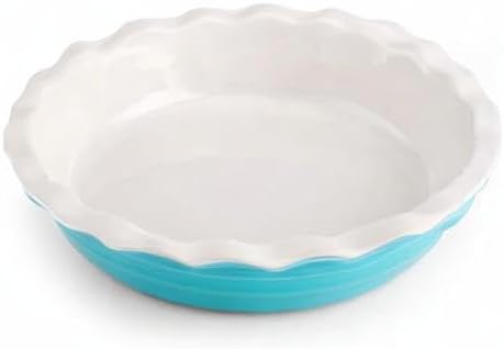 Farberware Bakers Advantage 10 Inch Pie Dish, Stoneware Pie Pan with Scalloped Edge, Two-Tone Teal and Ivory Ceramic Pie Plate for Baking Quiche, Casseroles, and Deep Dish Pies