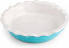 Farberware Bakers Advantage 10 Inch Pie Dish, Stoneware Pie Pan with Scalloped Edge, Two-Tone Teal and Ivory Ceramic Pie Plate for Baking Quiche, Casseroles, and Deep Dish Pies