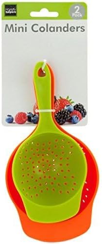 Mini Colanders Set 2 Plastic Pack Kitchen Mesh Food Strainers Colander Handles Red Lime Green 6.5 and 7.5 Inch Strainer For Pasta Vegetables and Fruits