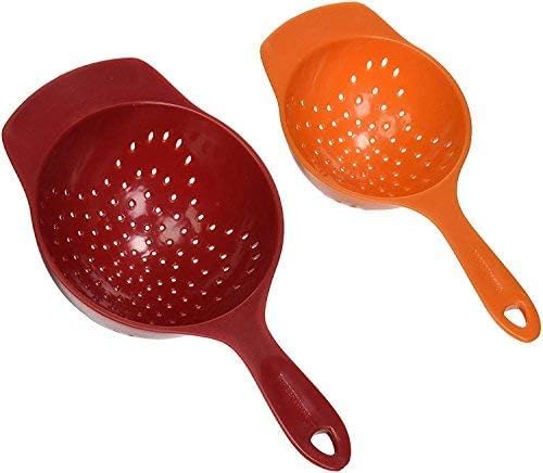 Mini Colanders Set 2 Plastic Pack Kitchen Mesh Food Strainers Colander Handles Red Lime Green 6.5 and 7.5 Inch Strainer For Pasta Vegetables and Fruits