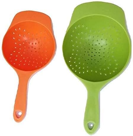 Mini Colanders Set 2 Plastic Pack Kitchen Mesh Food Strainers Colander Handles Red Lime Green 6.5 and 7.5 Inch Strainer For Pasta Vegetables and Fruits