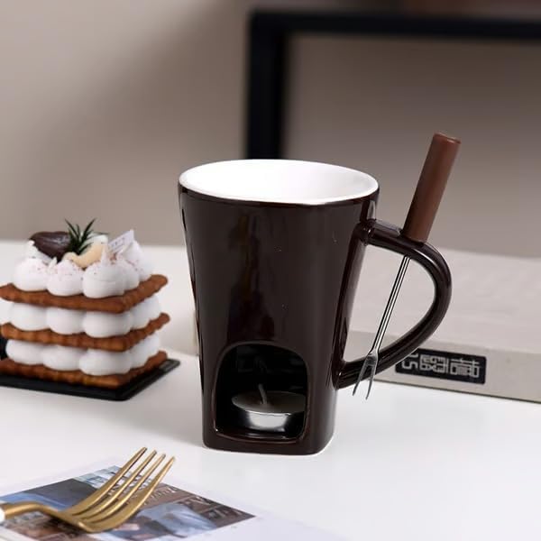 Multi Functional Ceramic Fondue Mug, Tealight Heated Chocolate & Cheese Fondue Set for Dipping, Ideal for Romantic Nights (Coffee)