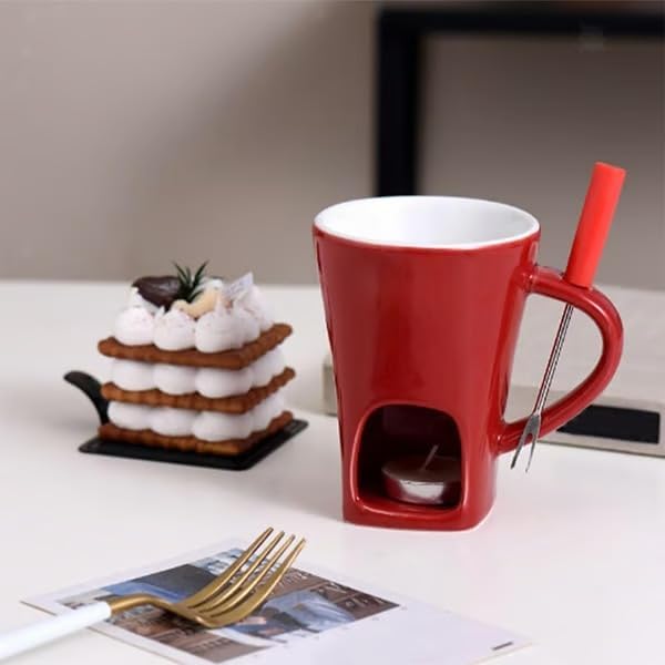 Multi Functional Ceramic Fondue Mug, Tealight Heated Chocolate & Cheese Fondue Set for Dipping, Ideal for Romantic Nights (Red)