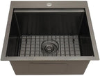 STARSTAR Workstation Ledge Topmount/Drop-in Single Bowl Satin Matte Stainless Steel Kitchen/Yard/Bar/Laundry/Office Sink, With Grid, Colander, Cutting Board, Strainer (22x22x12 Black)