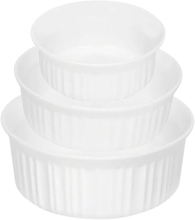 CorningWare French White 3-Piece Round Baking Dish Set - 1.5 Quart, 24 Oz, 16 Oz - Durable Ceramic Bakeware for Oven, Microwave & Dishwasher Safe