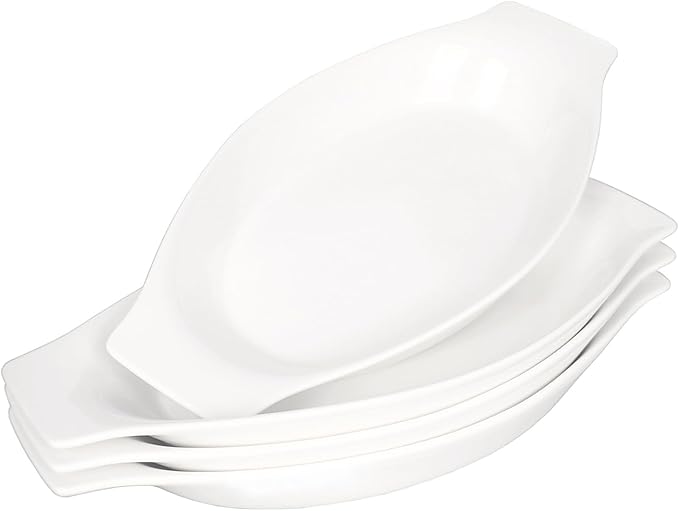 5 x 8 Inch Ceramic Oval Au Gratin Baking Dishes 12 OZ, Set of 4 Banana Split Bowls, for 1 or 2 Person Servings, Bakeware with Handle(10.3 IN) for Kitchen and Home, Oven & Microwave Safe