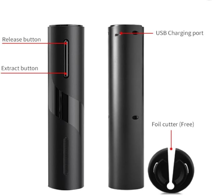 Electric Corkscrew Set with Battery, Drip-free Pourer, Wine Vacuum Stopper, and Foil Cutter, Gift Set, Black (SET USB)