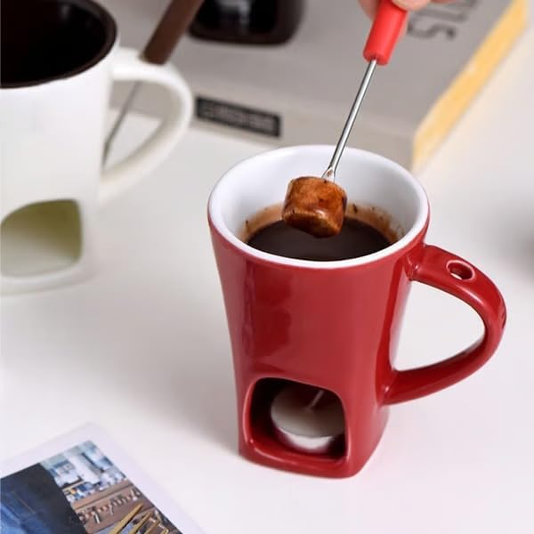 Multi Functional Ceramic Fondue Mug, Tealight Heated Chocolate & Cheese Fondue Set for Dipping, Ideal for Romantic Nights (Red)