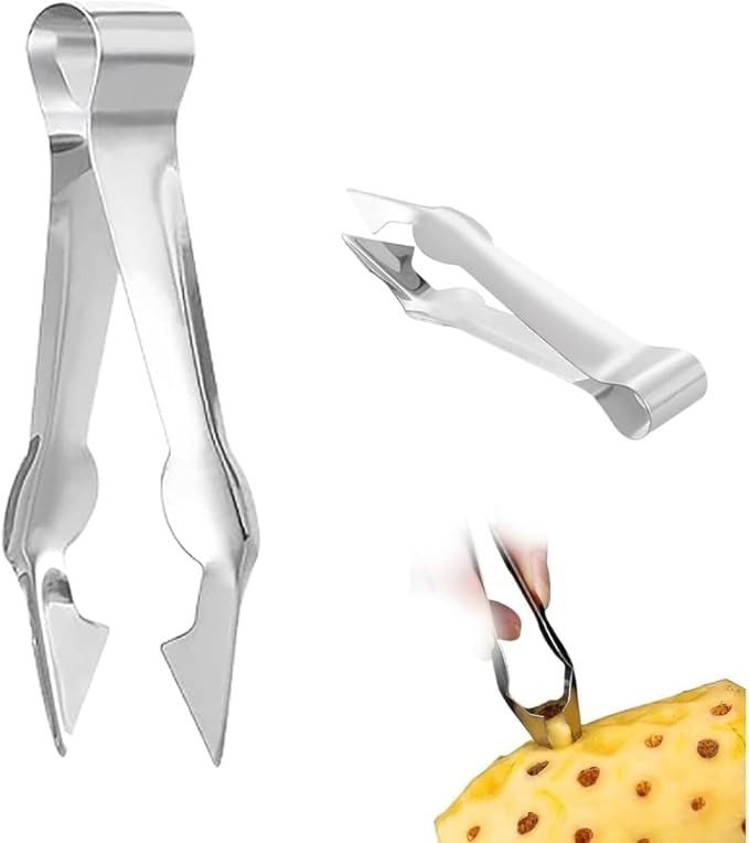 2Pcs Multi-Functional Fruit and Vegetable Stem Remover Clip, Strawberry Huller, Pineapple Eye Remover, Silver Stainless Steel Handle