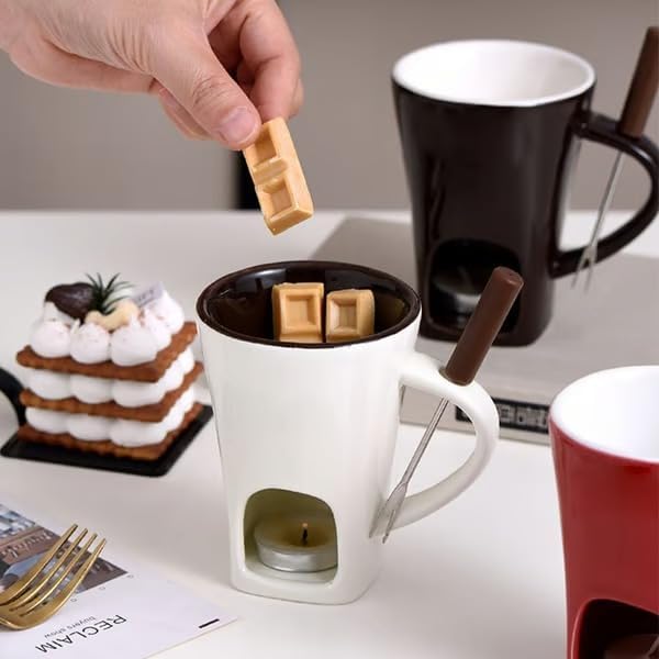 Multi Functional Ceramic Fondue Mug, Tealight Heated Chocolate & Cheese Fondue Set for Dipping, Ideal for Romantic Nights (Coffee)