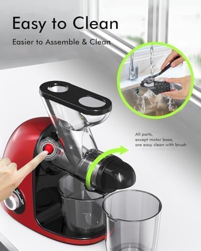 SIFENE Cold Press Juicer, 2nd Gen Dual Wide Mouth Slow Masticating Juicer for Whole Fruit, Celery & Ginger, High Yield Extractor, Quiet Motor, Reverse Function, Red