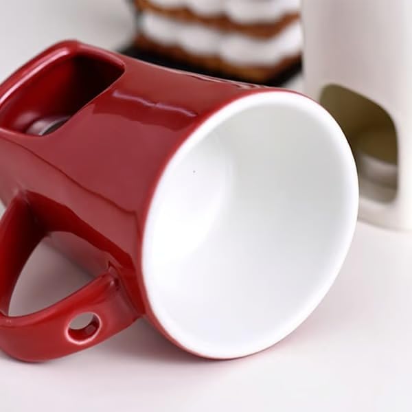 Multi Functional Ceramic Fondue Mug, Tealight Heated Chocolate & Cheese Fondue Set for Dipping, Ideal for Romantic Nights (Red)