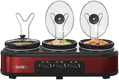 3 * 1.5 Quarts Triple Slow Cooker, Buffet Server & Warmer with 3 Removable Ceramic Pots, 3 Adjustable Temp Settings & 3 Metal Lid Rests, Stainless Steel, Red