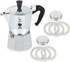 Bialetti Moka Express #06799 3-Cup Espresso Maker Machine and #06960 Bialetti, Six Replacement Gaskets and Two Bialetti Replacement Filter Plates Bundle