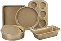 5-Piece Gold Nonstick Baking Pans Set, Carbon Steel Bakeware Includes Round Cake Pan, 6-Cup Muffin Pan, Square Pan, Pizza Pan, Loaf Pan, Complete Baking Tools for Home Baking & Gift