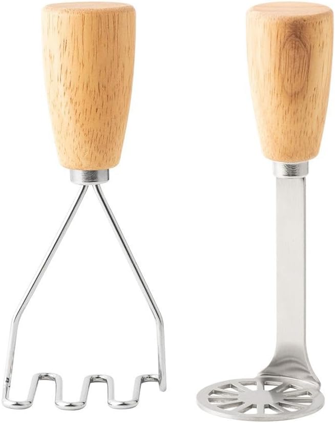 2Pcs Mini Potato Masher,Stainless Steel Mashed Potatoes Masher with wooden handle, Kitchen gadgets Tool for Potatoes, Beans, Meat, Vegetables,space saver (Mini Duo)