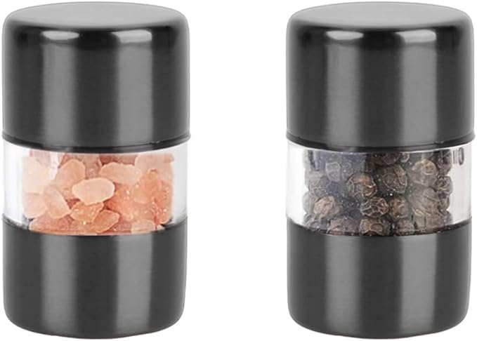T-mark Premium Sea Salt and Pepper Grinder Set - Spice Mill with Brushed Stainless Steel, Small Portable Ceramic Salt & Pepper Shakers (2-Pack) (Black)