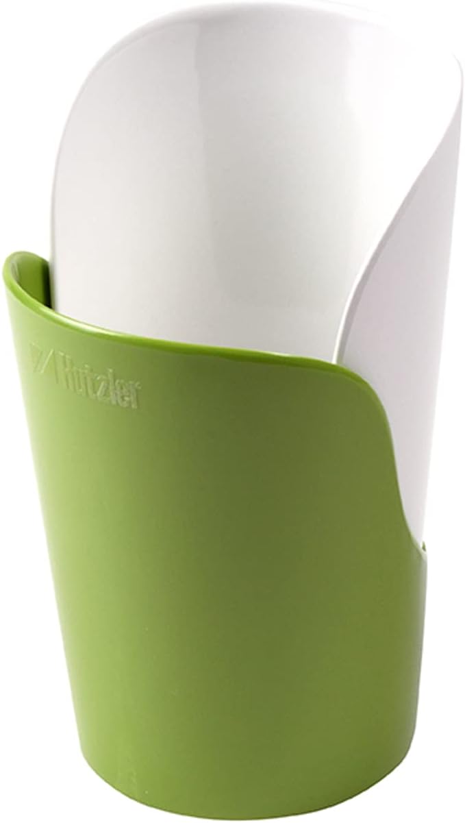 Hutzler 6-piece Melamine Cooking Utensils Set, Includes a 12-inch Long Slotted Spoon, Solid Spoon, Mixing Spoon, Slotted Turner, Soup Ladle, and Storage Crock, Green