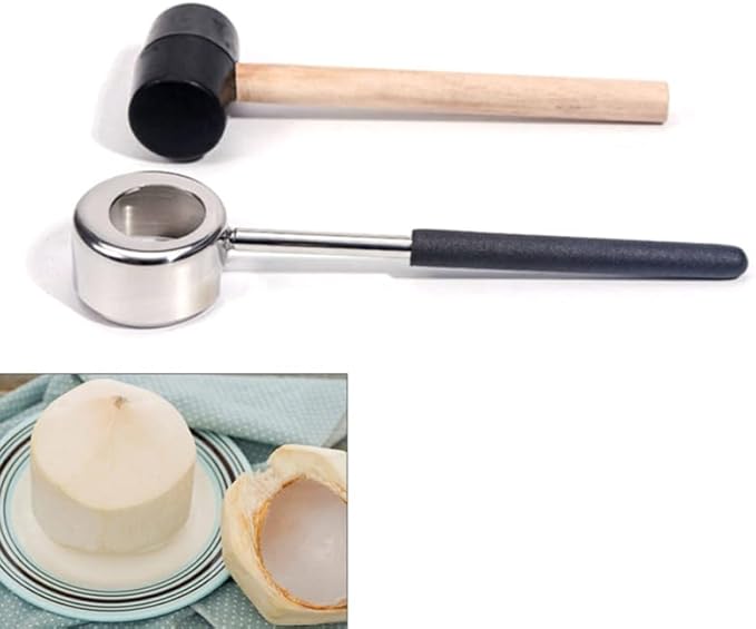 PRETYZOOM 2 Pack Coconut Opener Tool with Hammer Set, Stainless Steel Coconut Puncher with Rubber Mallet, Effortless Fruits Opening Kit for Home