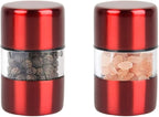 T-mark Premium Sea Salt and Pepper Grinder Set - Spice Mill with Brushed Stainless Steel, Small Portable Ceramic Salt & Pepper Shakers (2-Pack) (Red)