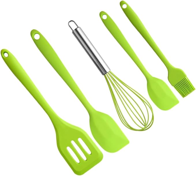TOYANDONA 5pcs Silicone Baking Utensil Set Non-stick Kitchen Cooking Tools Heat Resistant Green Household Kitchenware with Stainless Steel Handles for Mixing and Scraping