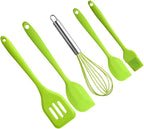 TOYANDONA 5pcs Silicone Baking Utensil Set Non-stick Kitchen Cooking Tools Heat Resistant Green Household Kitchenware with Stainless Steel Handles for Mixing and Scraping