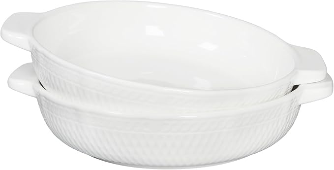 Ceramic Casserole Dish with Handle, 33 oz Set of 2, 8.5" Round Au Gratin Baking Dishes – For Pie Pan, Quiche, Tart Pan, Apple Pie Plate – For 2-3 Person Servings – Oven Safe, Easy Clean