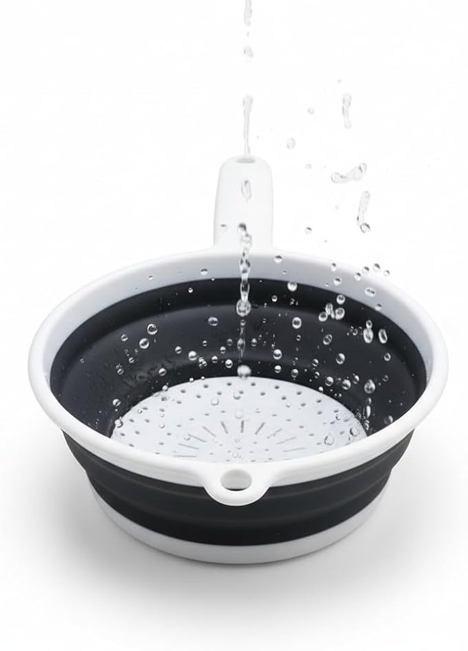 Handy Housewares 8" Round Space Saving Collapsible Silicone Kitchen Colander Food Strainer with Handle - White (2 Pack)