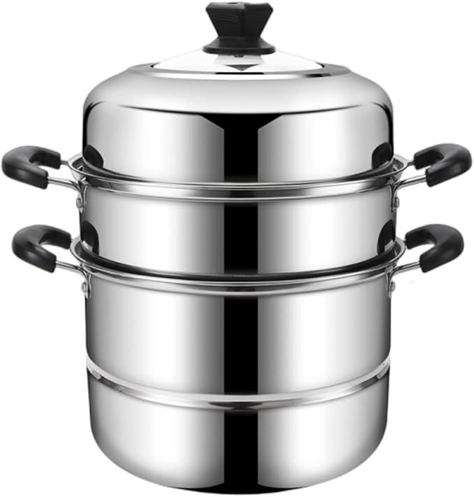 11.8inch Steam Pots with 3pcs Steamer Liners and Kitchen gripper 3-tier Stainless Steel Steamer Pot with Lid for Cooking Multipurpose Vegetable, Dumpling, Stock, Sauce