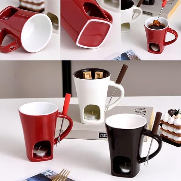 Multi Functional Ceramic Fondue Mug, Tealight Heated Chocolate & Cheese Fondue Set for Dipping, Ideal for Romantic Nights (Red)