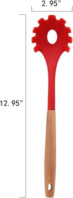 10-Piece Silicone Kitchen Utensils Set with Acacia Wood Handles, Nonstick Safe, Heat Resistant Cooking Tools for Everyday Use (RED)