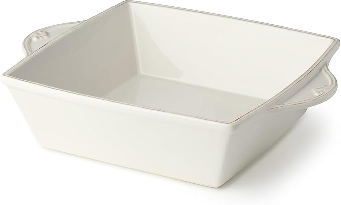 Heritage Square Baker 12" x 9.5" 80oz – Ivory Stoneware Baking Dish with Embossed Scroll Handles & Beaded Rim – Classic Oven-to-Table Serveware for Casseroles, Brownies, Roasts
