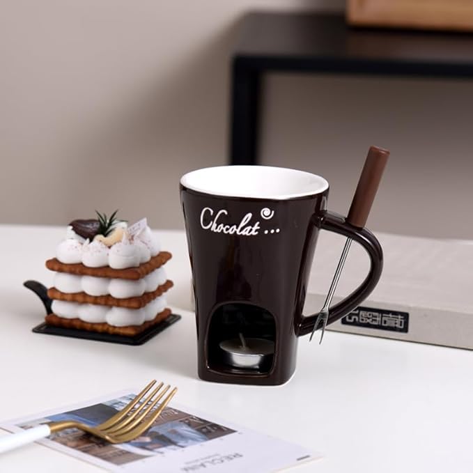 Fondue Mugs,Fondue Cup,Heat Resistant Ceramic Mini Fondue Set with Forks - Reusable Chocolate Melting Cup for Desserts, Date Nights & Parties (3PCS)