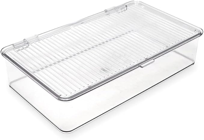 Isaac Jacobs Small Stackable Organizer Bin (10.75” x 6.5” x 2.4”) w Hinged Lid Clear Storage Box Home Office School Fridge Bathroom Kitchen Pantry Container BPAFree Food Safe (Small Clear)