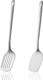 Stainless Steel Spatulas Set, 2 Pcs Metal Spatula Wok Turner, Silver Slotted Turner, Solid Turner, Wok Spatula Kitchen Cooking Tools for Sauteing, Flipping, Grilling (Dishwasher Safe)