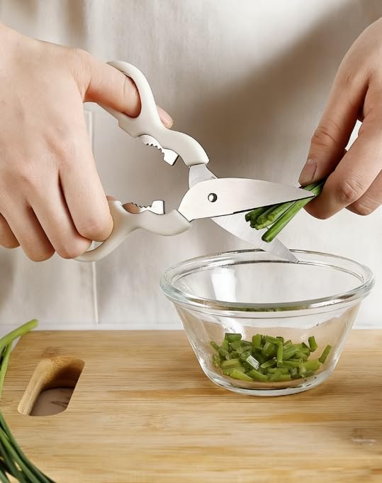 Kitchen Utensil Set with Storage Holder, 6 Piece White Stainless Steel Tool Set, Includes Peeler, Whisk, Bottle Opener, Knife, Scissors, Organizer Caddy
