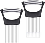 2Pcs onion slicer， Kitchen Prong Slicer for Vegetables and Meat, Stainless Steel Tines with Safety Handle, Black (2)