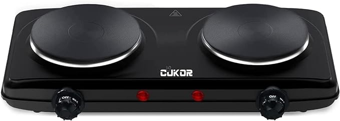 CUKOR Double Cast Iron 2 Burner, 1800W Countertop Burner, Dual Electric Stove Burners, Portable Double Burner for Cooking