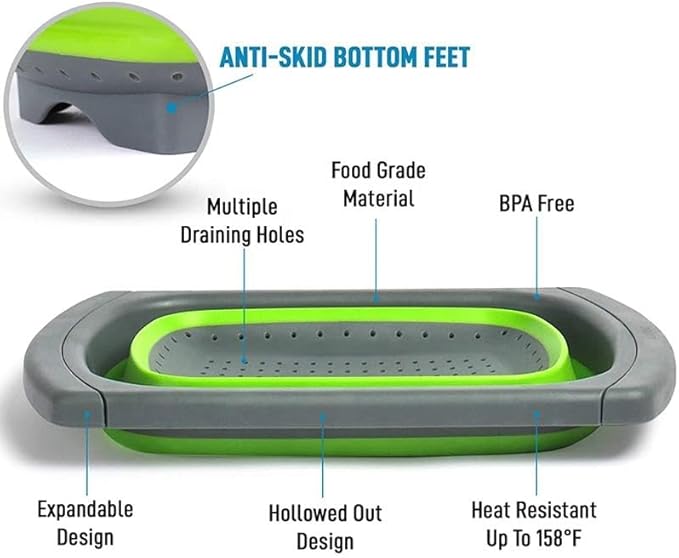 Over the Sink Collapsible Colander Strainer (5 Quart) with Extendable Handles, BPA Free Silicone Kitchen Strainer for Vegetables, Fruit & Pasta, Foldable Sink Colander Basket (1pc green)