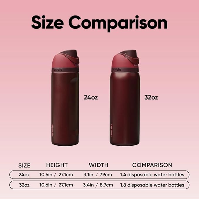 Owala FreeSip Insulated Stainless Steel Water Bottle with Straw, BPA-Free Sports Water Bottle, Great for Travel, 24 Oz, Black Cherry
