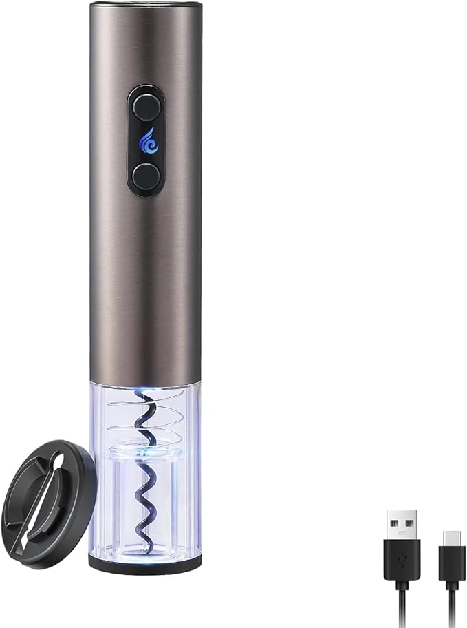 Rechargeable Wine Opener by ELMWAY, Electric Wine Bottle Opener with Foil Cutter, LED Light and Stainless Steel Shell, Cordless Corkscrew & Cork Remover, Gifts for Wine lover- Black