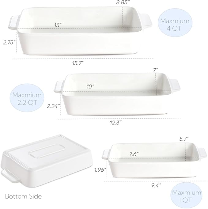 Casserole Dishes For Oven, Ceramic Baking Dishes 15.7"/12.3"/9.4", Large Lasagna Baking Dish with Handle, Ceramic Bakeware Set for Cooking Deep Baking Pan Set of 3 White