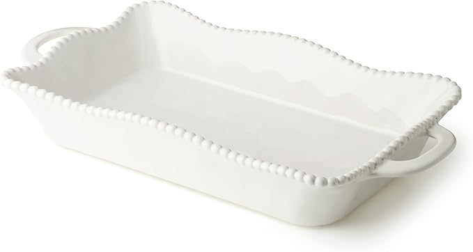 Perlette Cream Large Rectangular Ceramic Baker – 19 x 10 Inch Scalloped Oven-to-Table Stoneware Bakeware with Beaded Rim – Elegant Farmhouse Bake Dish for Lasagna, Casseroles, and Hosting