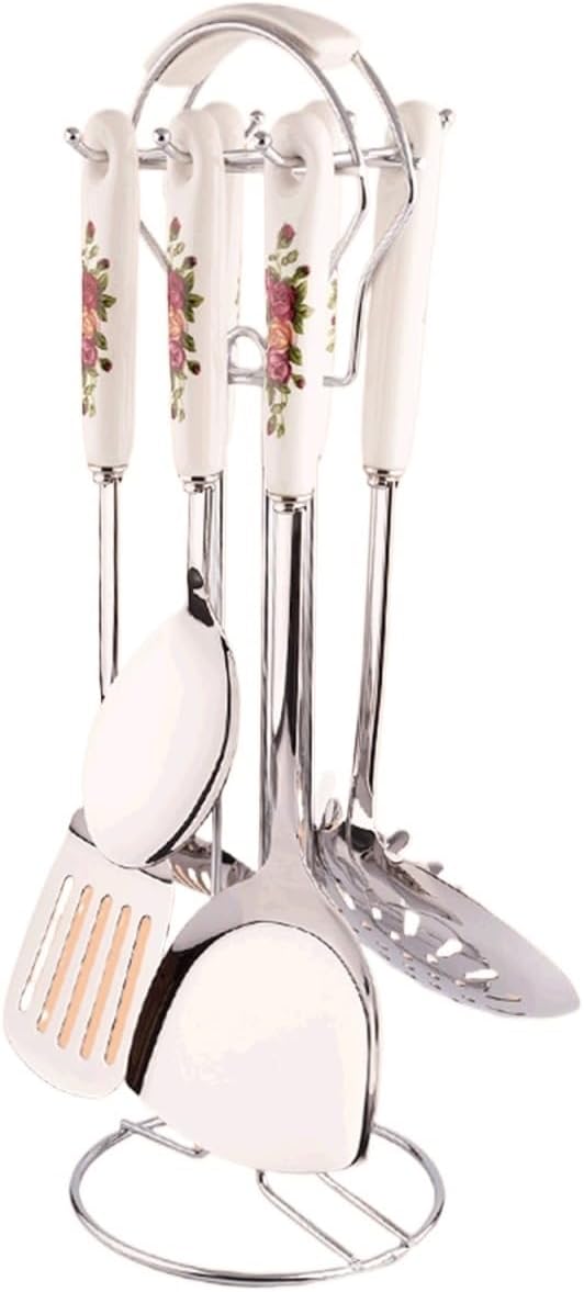 Ceramic Handles Cooking Tool Set Stainless Steel Kitchen Utensils Of Cookers Shovels Spoons(D)