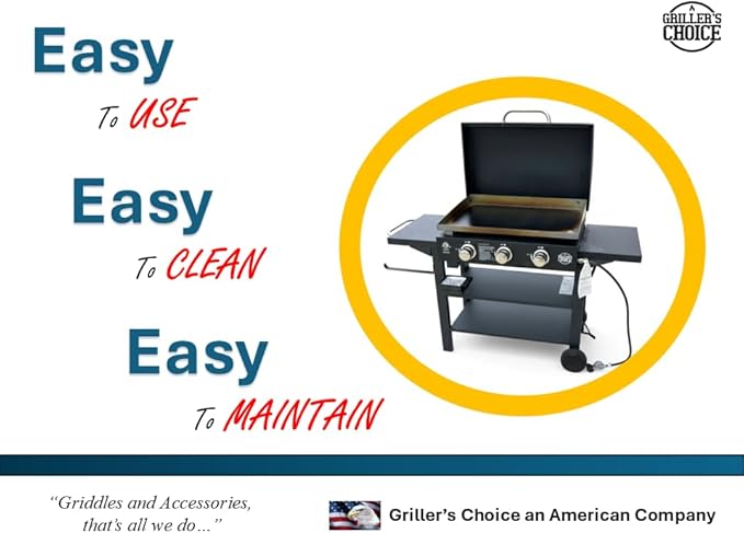 Griller's Choice Gas Griddle with Hinged Hood, Wind Guards, Front Grease Management, 4 Shelves, Propane Griddle for Flattop Grills Outdoor Cooking