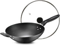 Carbon Steel Wok, Woks and Stir Fry Pans with Handle and Lid, Flat Bottom Chinese Stir Fry Wok, for Electric,Induction and Gas Stoves,Iron
