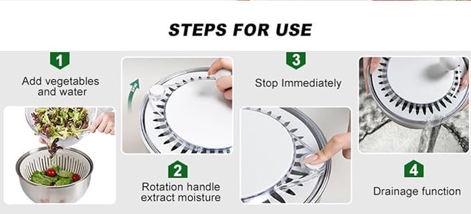 Stainless Steel Salad Spinner, 5L Capacity Vegetable Washer, Lettuce Dryer with Non-Slip Base and Stop Button, 9.65 Inch Diameter Salad Bowl Fruit Washer