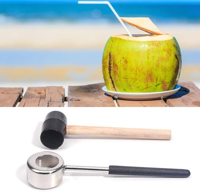 PRETYZOOM 2 Pack Coconut Opener Tool with Hammer Set, Stainless Steel Coconut Puncher with Rubber Mallet, Effortless Fruits Opening Kit for Home