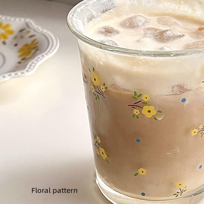 Set of 2 12 OZ Floral Drinking Glasses French Glass Coffee Cup Cute Flower Glass Cups for Iced Coffee,Tea,Juice,Latte,Milk,Dessert,Stackable Glassware Drinkware Set(white yellow)