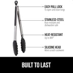 GORILLA GRIP Stainless Steel Heat Resistant Kitchen Tongs for Cooking, 7 + 12 Inch Set of 2 BBQ Tong, Non Scratch Silicone Tip for Pan, Strong Grip, Grab Food, Toss Salad, Air Fryer, Pull Lock, Black